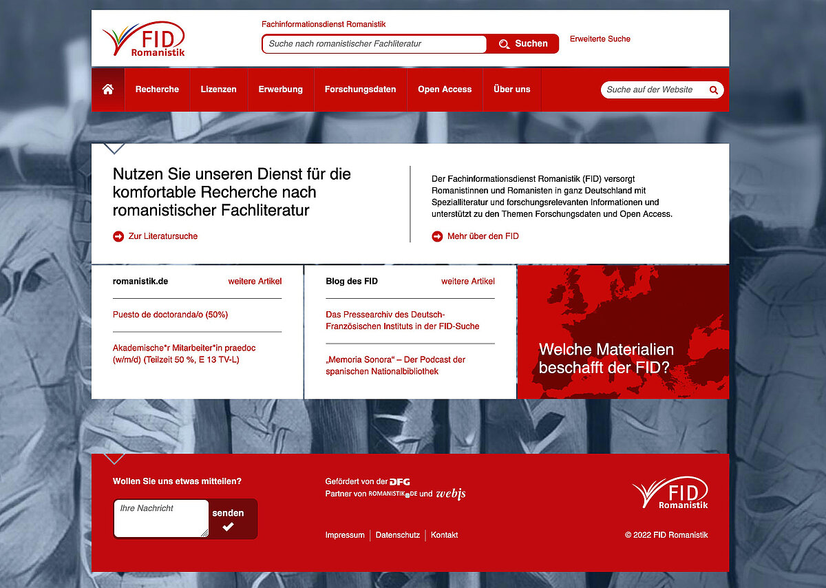 Das Portal des FID Romanistik bündelt unter fid-romanistik.de zahlreiche Informationen und Recherchequellen zur Romanistik. Screenshots: SUB Hamburg