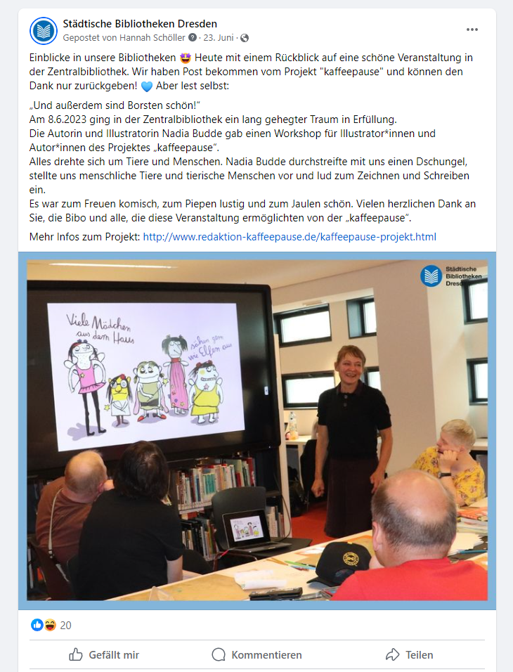 Screenshot vom Facebook-Eintrag zu einem Workshop des Projekts »Kaffeepause« in der Dresdner Zentralbibliothek vom 23. Juni 2023.
