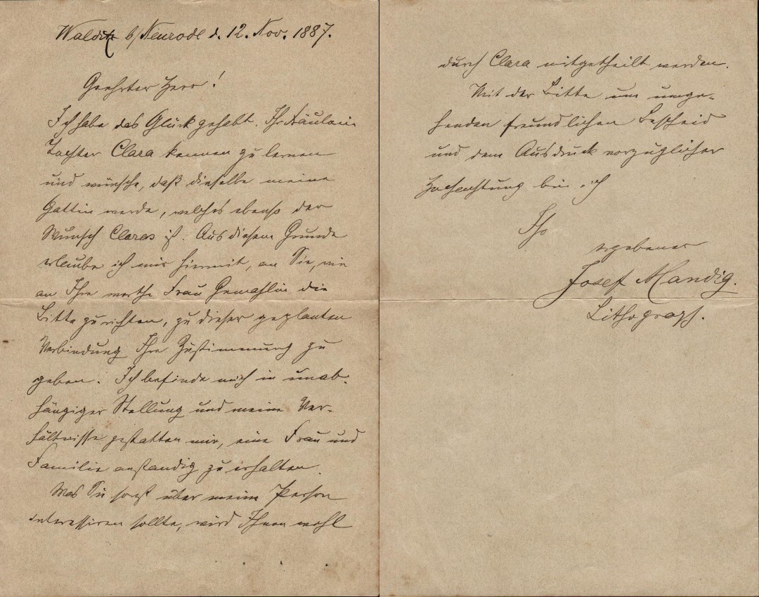 Ein Liebesbrief von 1887: Der Brief ist ein schriftlicher Heiratsantrag, wodurch der Liebesbrief hier zum juristischen Dokument wird. Foto: CC-BY-SA Liebesbriefarchiv (LB_00190_0001)