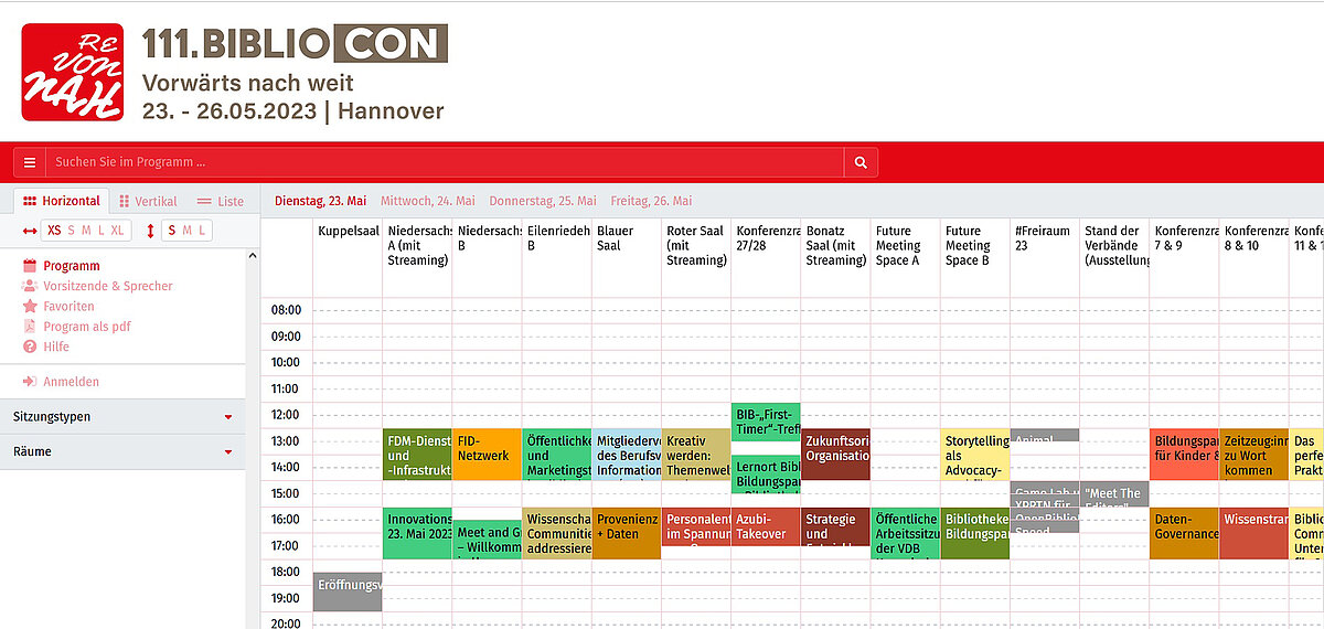 Screenshot der Startseite des Programms der BiblioCon 2023.