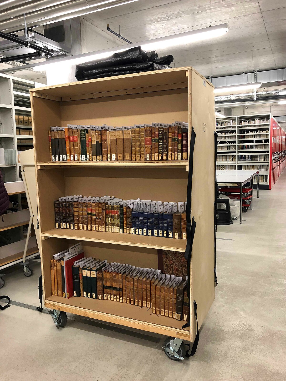 Ein mit Büchern vollgepackter Bücherwagen. Die Bücher werden später in einem Google Scan-Center für das Google-Books-Programm digitalisiert.