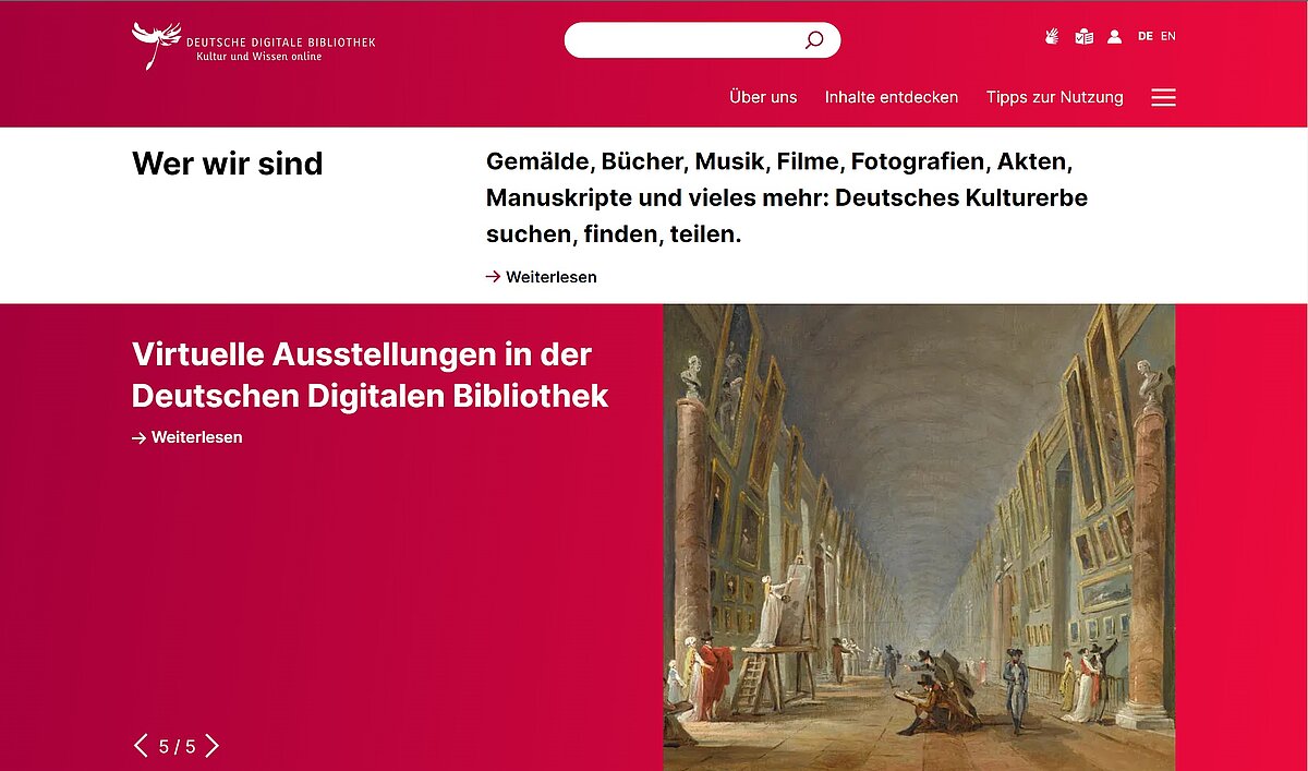 Das Webportal der Deutschen Digitalen Bibliothek wurde grundlegend überarbeitet. Im Mai 2023 ging das neue Angebot der Deutschen Digitalen Bibliothek online. Screenshot: www.https://www.deutsche-digitale-bibliothek.de/