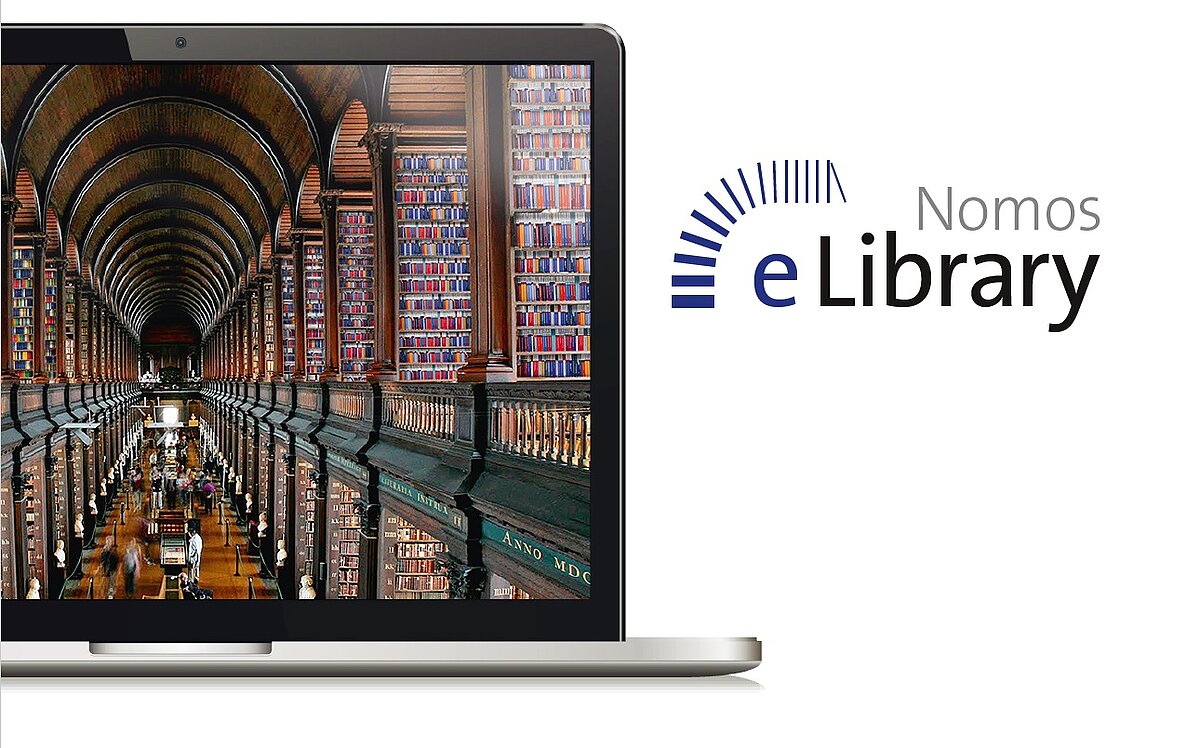 Das Foto wirbt für die Nomos eLibary und zeigt einen Laptop auf dem eine Abbildung den Long Room des Trinity Colleges in Dublin (Irland) zu sehen ist.