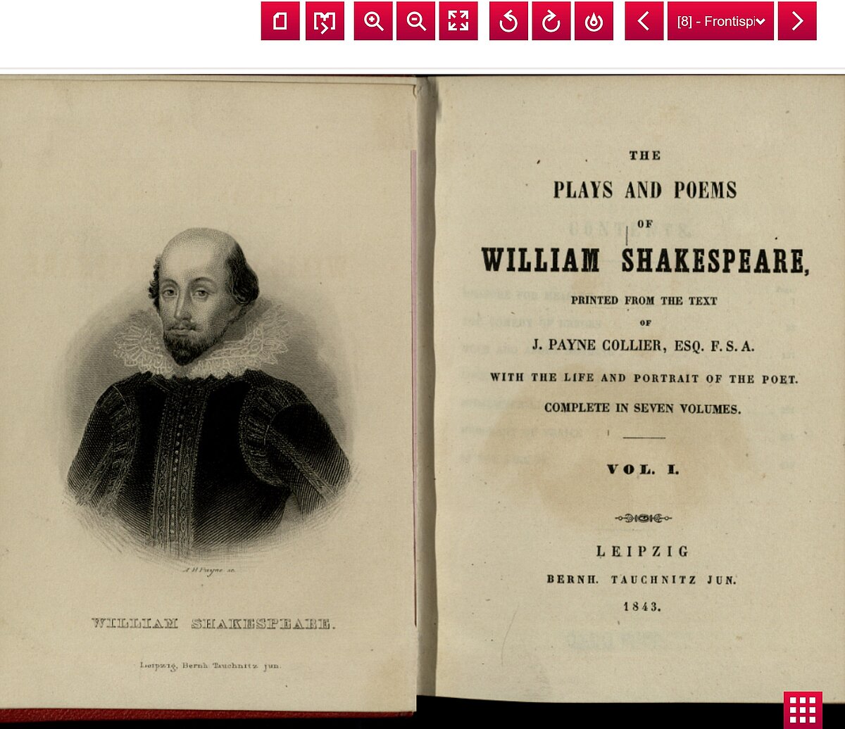 Im Portal der Deutschen Digitalen Bibliothek können historische Ausgaben im Volltext-Reader direkt eingesehen werden – wie hier William Shakespeares »Plays and Poems« aus dem Jahr 1846. Foto: Deutsche Digitale Bibliothek