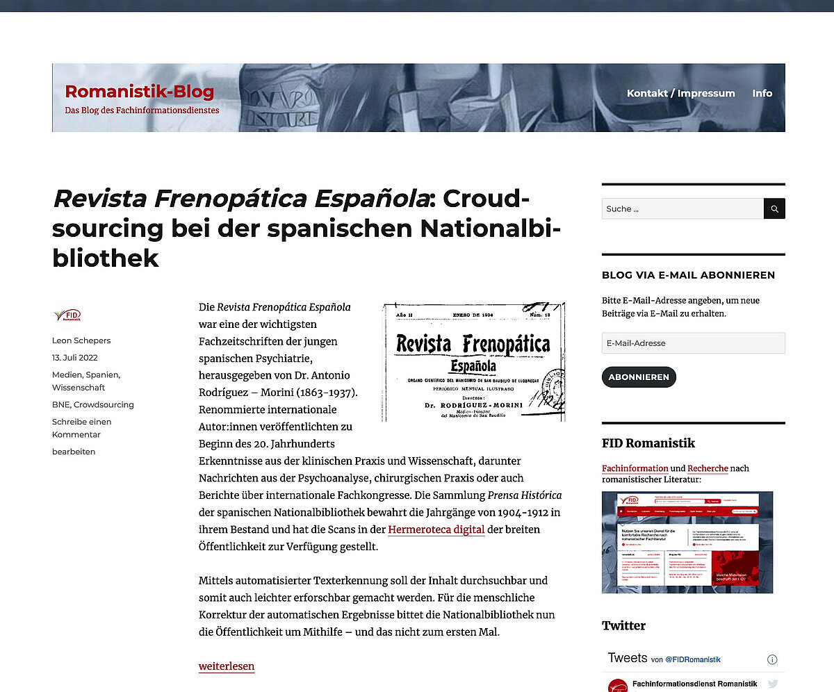 Romanistik-Blog, das Blog des Fachinformationsdienstes: Der FID vermittelt hier Einblicke in die spanische Bibliotheks- und Medienwelt.