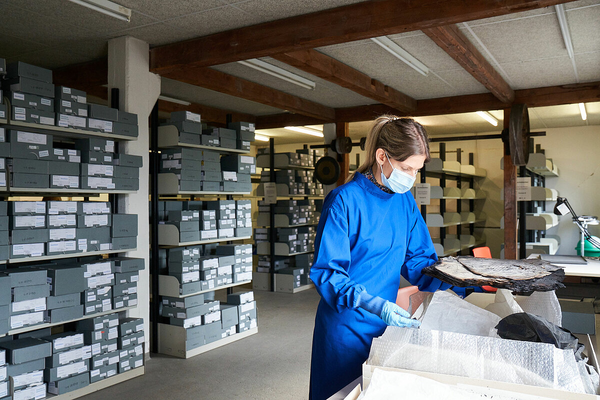 Bibliothekarische Arbeit mit Fragmenten im Sondermagazin. Foto: Hannes Bertram