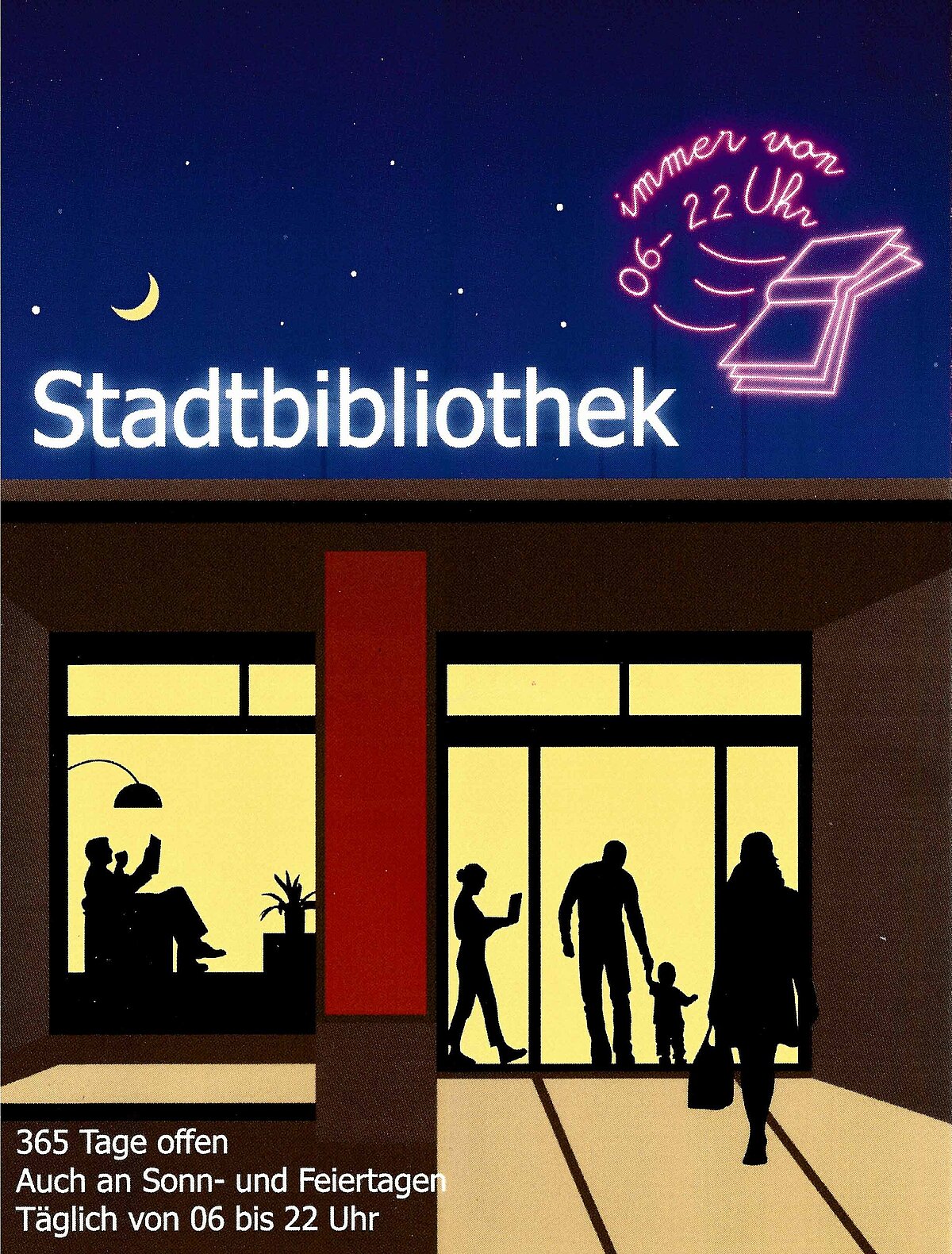Postkarte zur Eröffnung der 365-Tage-Bibliothek der Stadt- und Regionalbibliothek Uster. Design: Isabelle Bühler, Uster