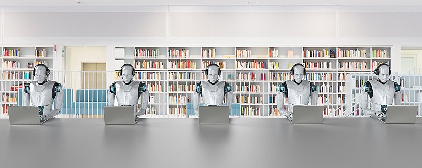 Abbildung 1: Maschinelles Lernen und Künstliche Intelligenz können die Mitarbeitenden in Bibliotheken unterstützen. Fotomontage: Daniela Wittke
