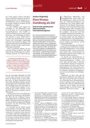 Klare Niveau-Zuordnung als Ziel : Entwurf eines gemeinsamen Referenzrahmens Informationskompetenz / Andreas Klingenberg