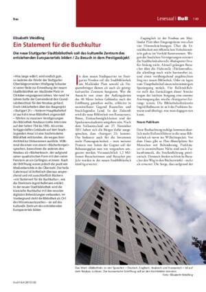 Ein Statement für die Buchkultur : die neue Stuttgarter Stadtbibliothek soll das kulturelle Zentrum des entstehenden Europaviertels bilden ; zu Besuch in dem Prestigeobjekt / Elisabeth Weidling