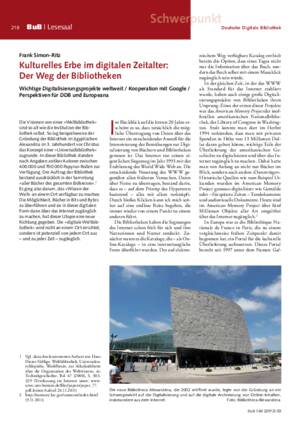 Kulturelles Erbe im digitalen Zeitalter: der Weg der Bibliotheken : wichtige Digitalisierungsprojekte weltweit ; Kooperation mit Google ; Perspektiven für DDB und Europeana / Frank Simon-Ritz