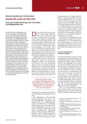Auskunft rund um die Uhr : zwei Jahre Chatbot-Erfahrung an der Universitäts- und
Stadtbibliothek Köln / Natascha Baudenbacher, Christine Maier