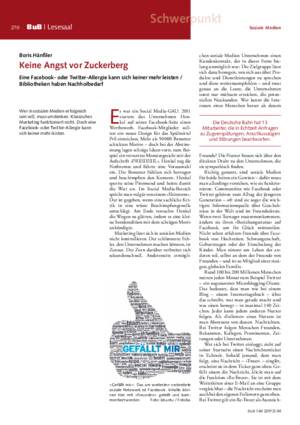 Keine Angst vor Zuckerberg : eine Facebook- oder Twitter-Allergie kann sich keiner mehr leisten ; Bibliotheken haben Nachholbedarf / Boris Hänßler