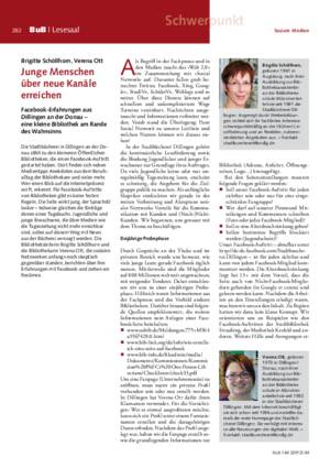 Junge Menschen über neue Kanäle erreichen : Facebook-Erfahrungen aus
Dillingen an der Donau – eine kleine Bibliothek am Rande des Wahnsinns / Brigitte Schöllhorn, Verena Ott