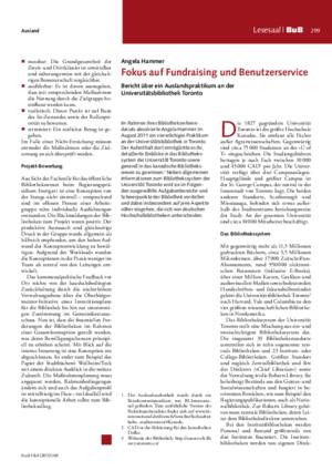 Fokus auf Fundraising und Benutzerservice : Bericht über ein Auslandspraktikum an der
Universitätsbibliothek Toronto / Angela Hammer