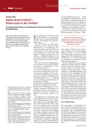 Stärke durch Einheit? – Stärke auch in der Vielfalt! : ein Diskussionsbeitrag zur Gestaltung der Interessensvertretung  für Bibliotheken / Monika Ziller