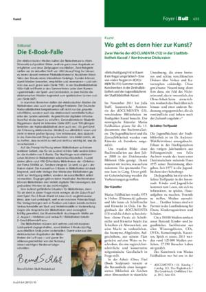 Wo geht es denn hier zur Kunst? : zwei Werke der dOCUMENTA (13) in der Stadtbibliothek Kassel ; kontroverse Diskussion / Andrea Hilgenberg, Leiterin
der Jugendbücherei; Knut Hoffmann, Leiter der Stadtbibliothek Kassel