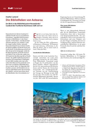 Die Bibliotheken von Aotearoa : ein Blick in das Bibliotheksystem Neuseelands ;
Gastland der Frankfurter Buchmesse stellt sich vor / Heather Lamond