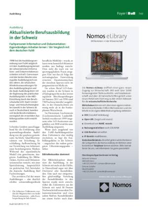 Aktualisierte Berufsausbildung in der Schweiz : Fachpersonen Information und Dokumentation: eigenständiges Arbeiten lernen ; ein Vergleich mit
dem deutschen FaMI / Karin Holste-Flinspach