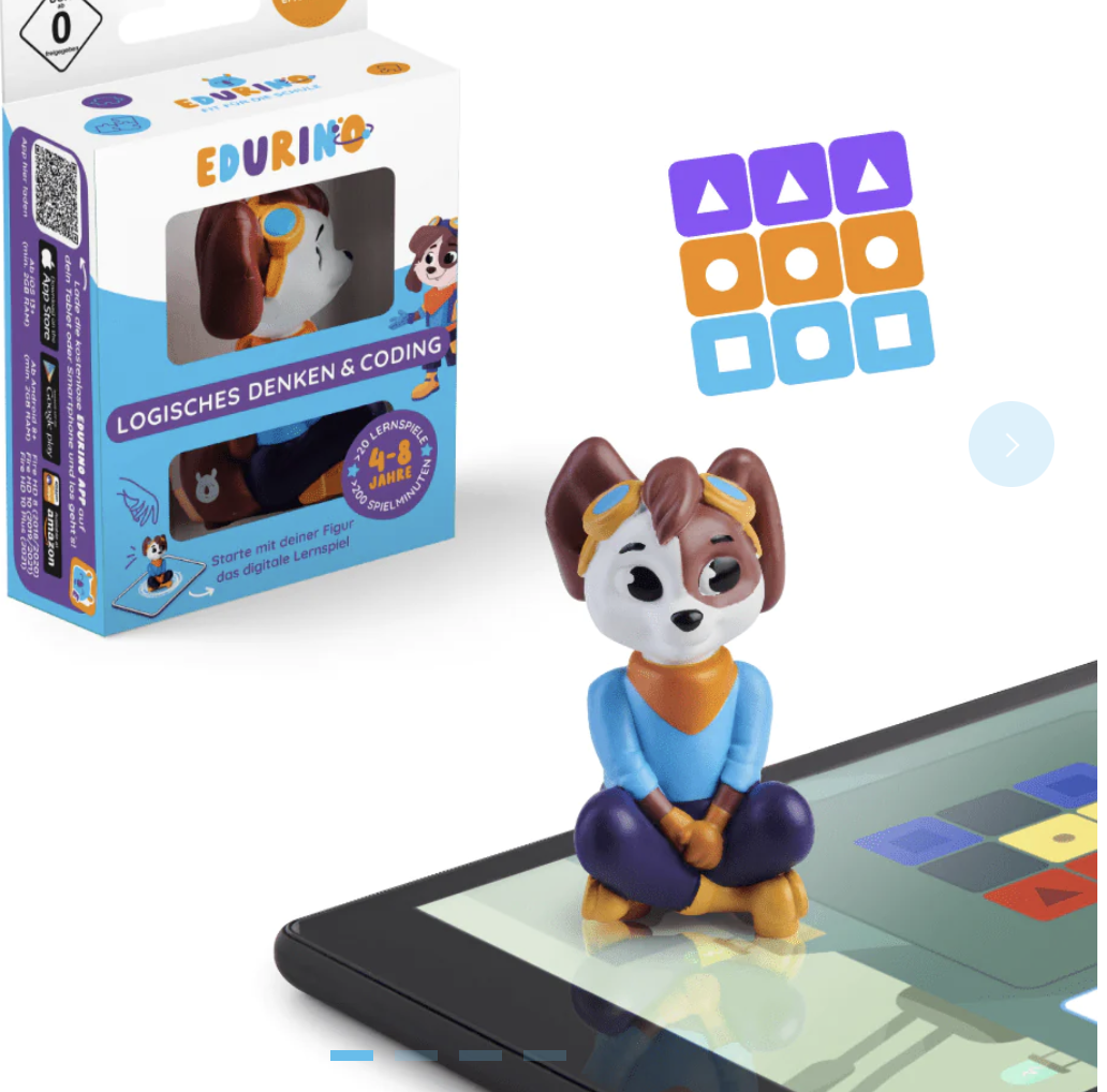 Edurino ist ein preisgekröntes Lernspiel für Kinder von 4 bis 8 Jahren. Es besteht aus einem Starterkit mit drei Komponenten: einer App, einem Tablet-Stift und einer haptischen Spielfigur. Fuchs Mika vermittelt »Erstes Lesen & Schreiben« und Waschbär Robin ist für »Zahlen und Mengen« zuständig. 