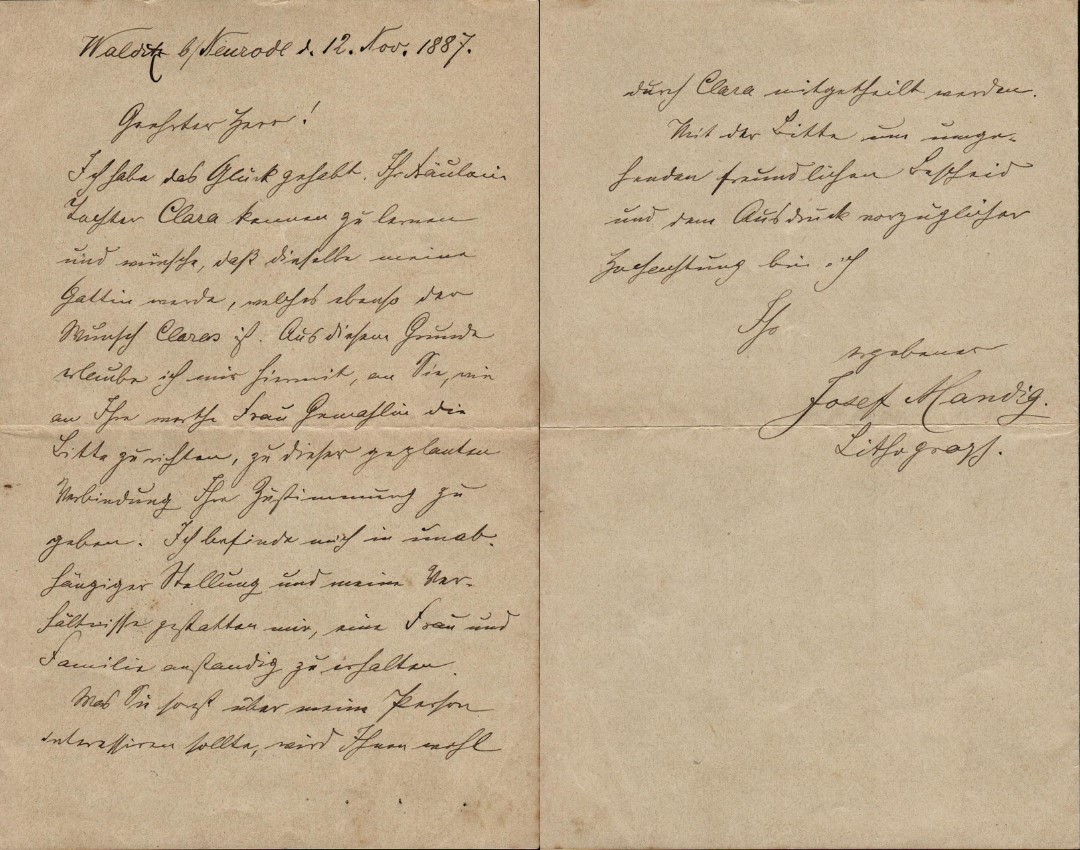 Ein Liebesbrief von 1887: Der Brief ist ein schriftlicher Heiratsantrag, wodurch der Liebesbrief hier zum juristischen Dokument wird. Foto: CC-BY-SA Liebesbriefarchiv (LB_00190_0001)